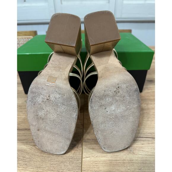 Kate Spade Carolina Block Heel Sandal Metallic Nappa Pale Gold 6.5 Lightly Worn - Picture 13 of 16